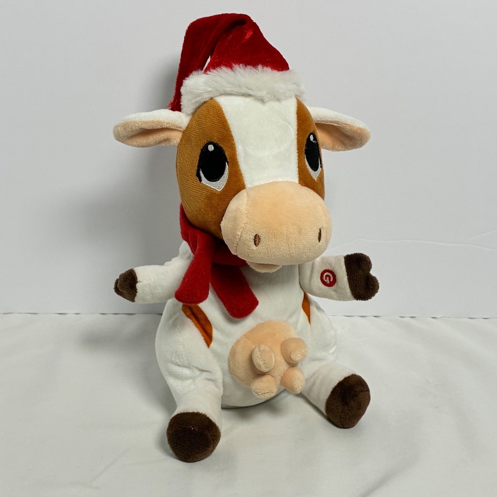 Gemmy Animated Plush Cow Xmas Santa Hat Holiday Toy Sings Bust a Move Dances